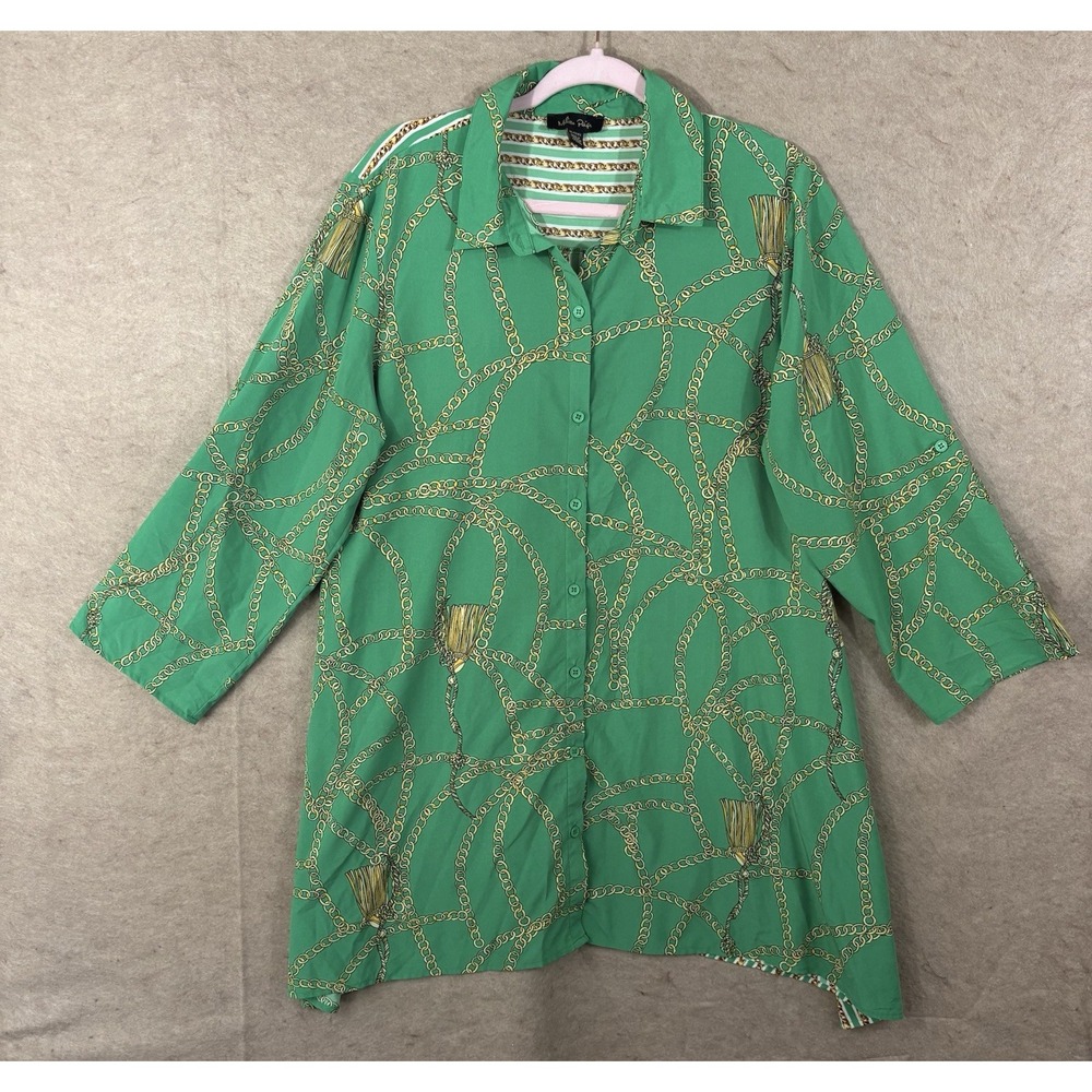Melissa Paige Tunic Blouse Womens Sz XL Green Swing Stretch Tassel Chain Print